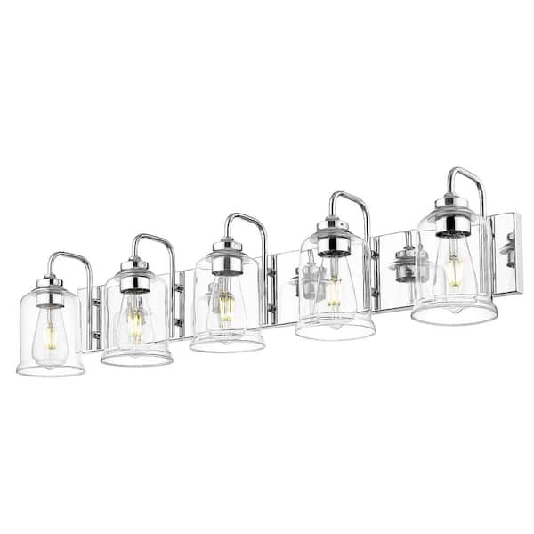 JAZAVA 36 in. 5-Light Modern Industrial Chrome Vanity Light Bathroom Sconces Wall Lighting with Clear Glass Shade