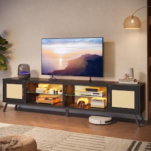 80 in. Black Boho Modern TV Stand with Storage Cabinets and 2 Rattan Doors for TVs Up to 85 in. Entertainment Center