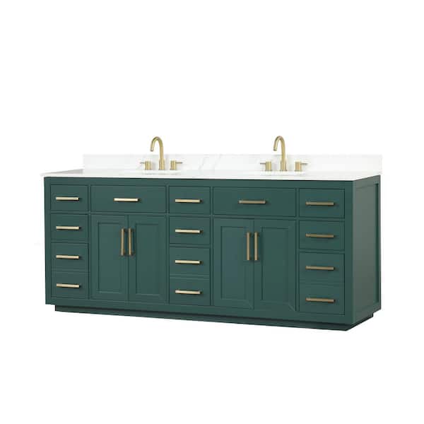 VANITYFUS Solid Wood 84 in. W x 22 in. D x 40 in. H Double Sinks Bath Vanity in Green with Carrara White Quartz Top