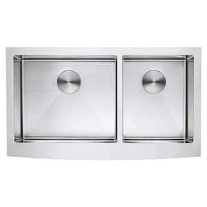 Turin 36 in. Farmhouse Apron Front 60/40 Double Bowl Stainless Steel Kitchen Sink 16-Gauge (9 in. Round Apron)