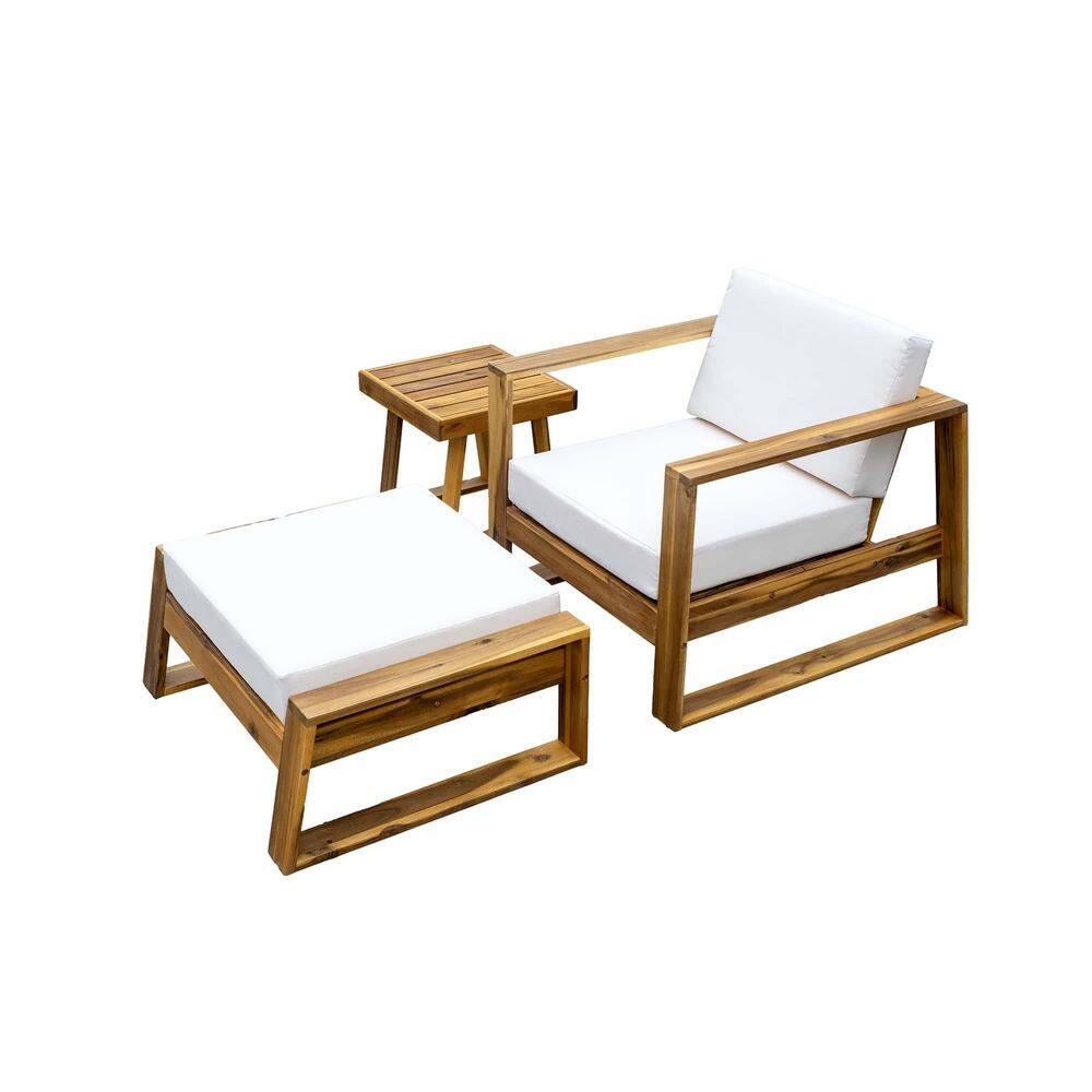 Wood Outdoor Lounge Chair with Ottoman & Table with White Cushions for Patio, Balcony, Garden, Poolside price history on PriceWatchPro