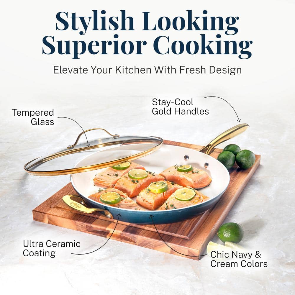 Navy 10'' Nonstick Ceramic Fry Pan with Gold Handle