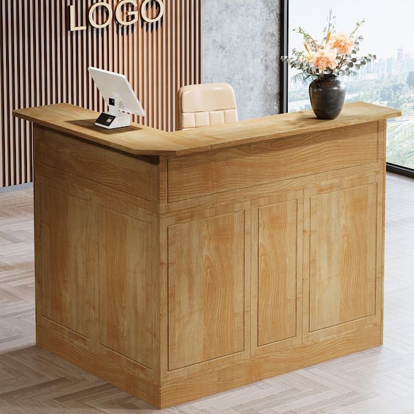 BYBLIGHT Lanita 51.2 in. L-Shaped Light Brown Wood Reception Desk with Storage Shelves, Modern Front Desk Reception Counter Table