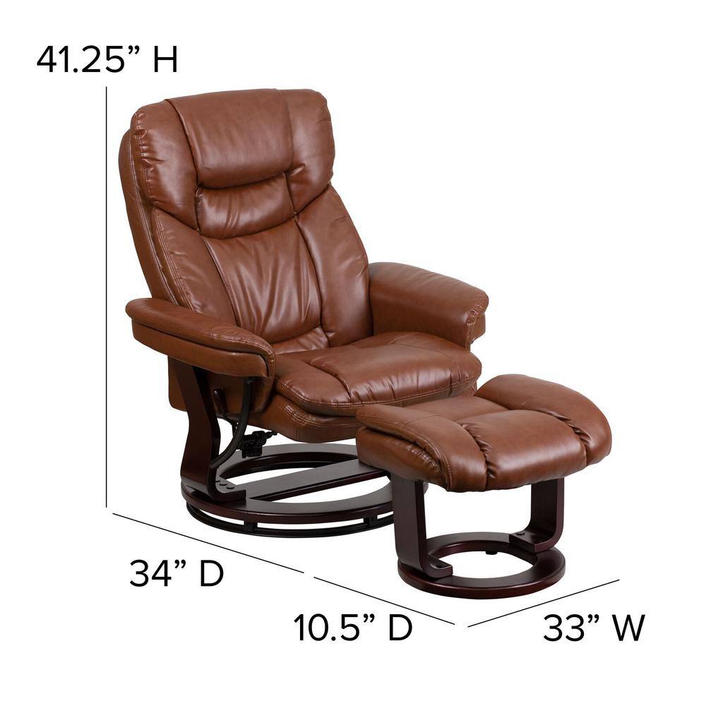 Brown Leather Swivel Recliner with Ottoman and Wood Base