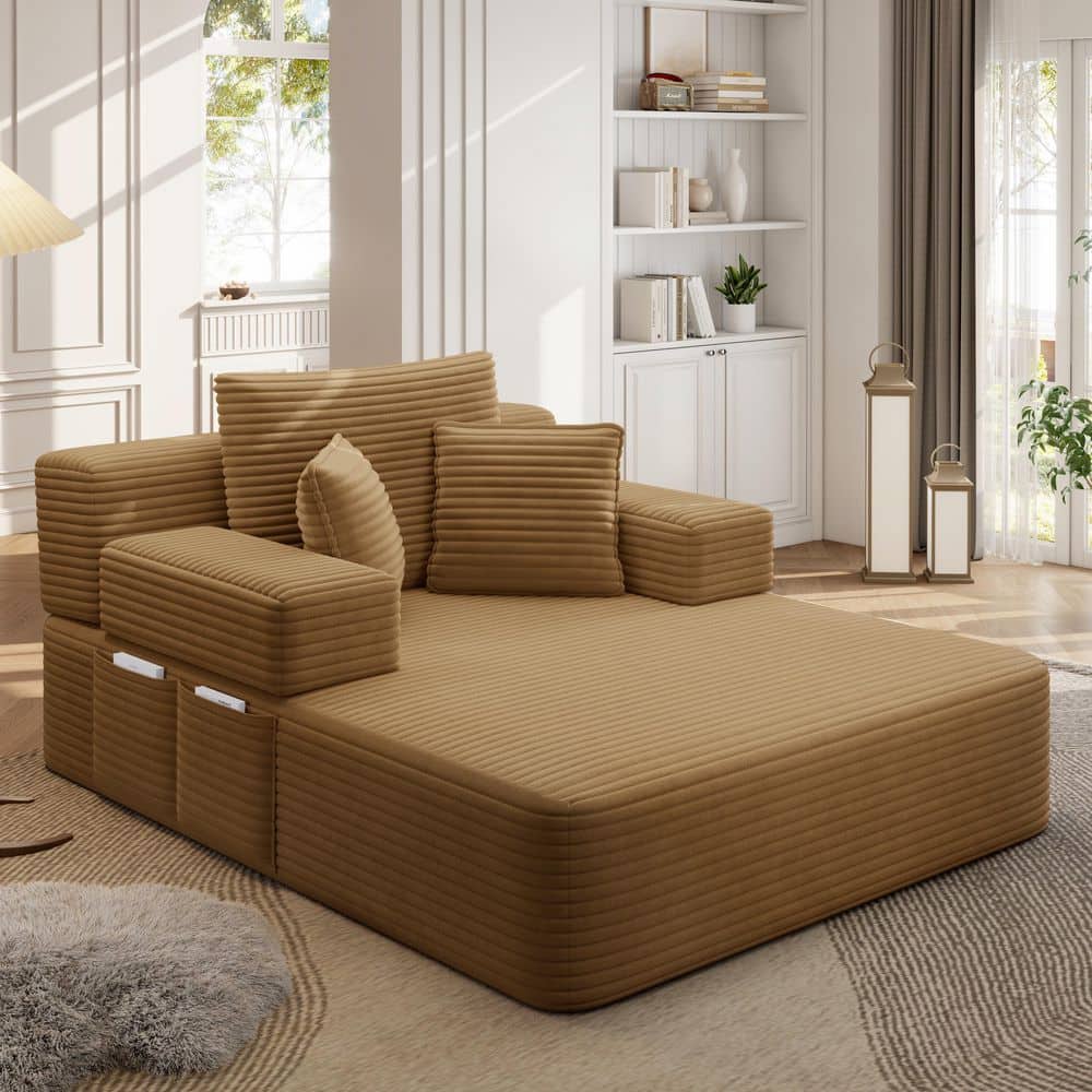 Frameless Design and Compression Foam Camel Corduroy Chaise Lounge Full Size Sofa Bed with 3 Pillows, Storage Pockets price history on PriceWatchPro