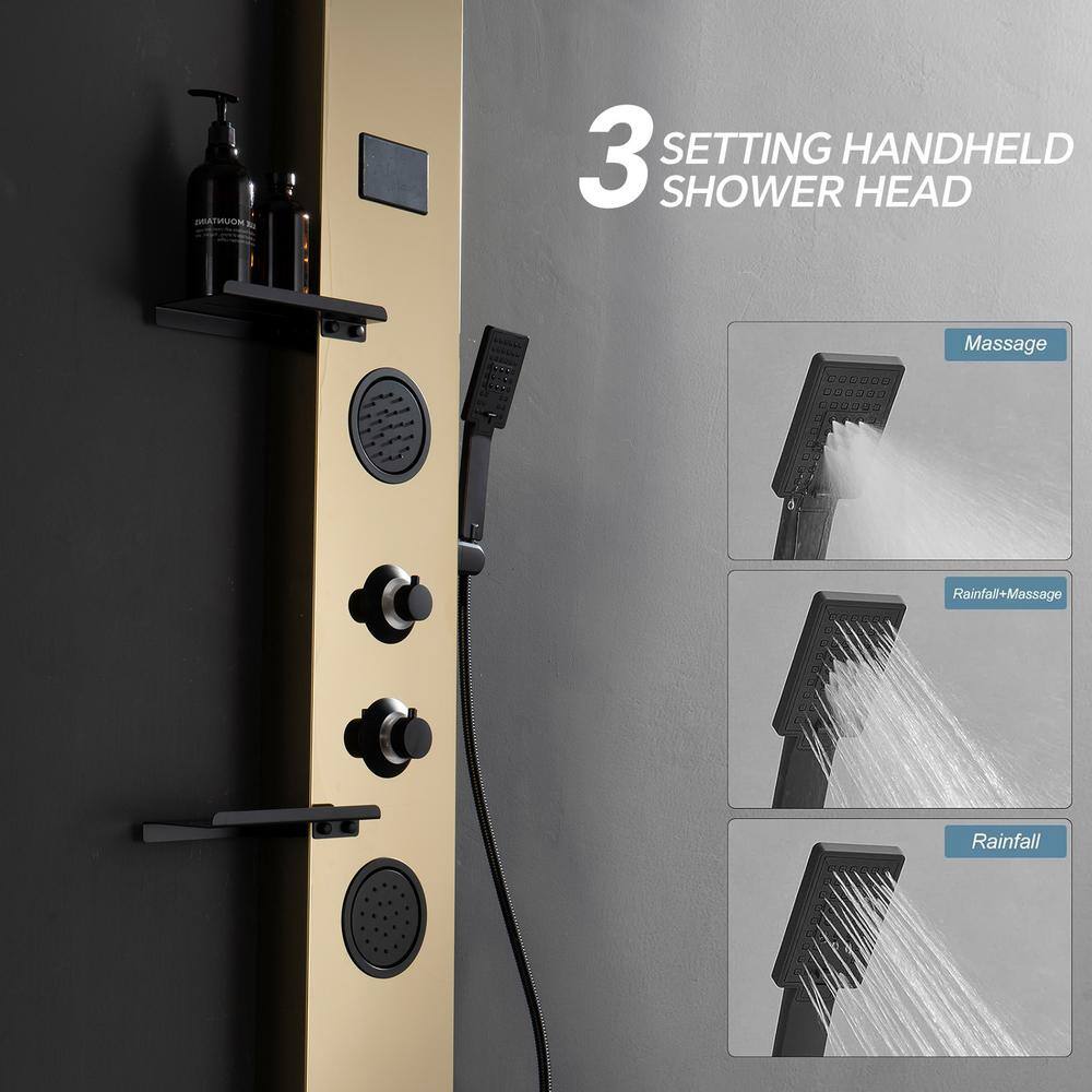 Gold and Black Stainless Steel Shower Panel System with Rainfall Shower Head