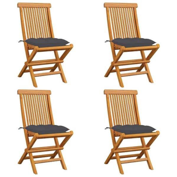 Benjara Brown Wooden Outdoor Dining Chair with Anthracite Gray Cushions (Set of 4)