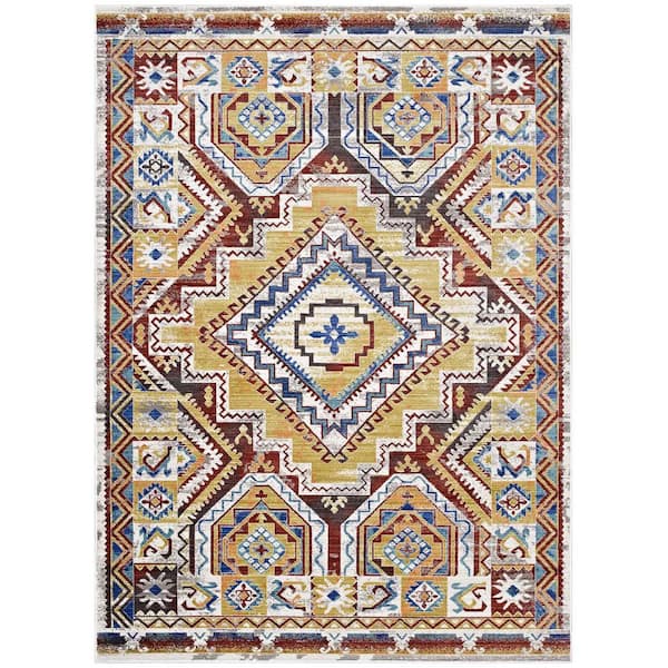 Florita Rubber Distressed Southwestern Aztec Multicolored Red 4 ft. x 6 ft. Area Rug