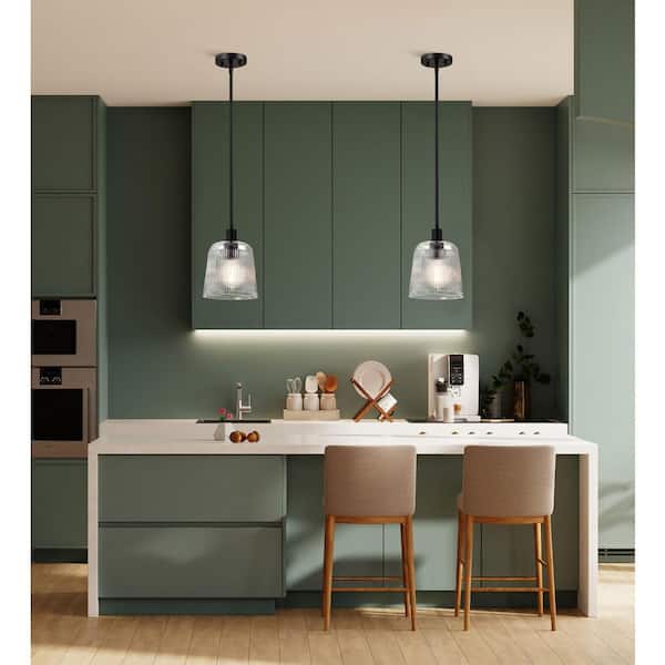 Grayson 100-Watt 1-Light Matte Black Shaded Pendant Light with Clear Ribbed Glass Shade, No Bulbs Included