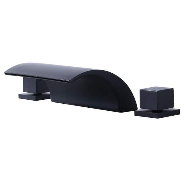 Double-Handle Tub Deck Mount Roman Tub Faucet Waterfall Bathtub Filler in Matte Black