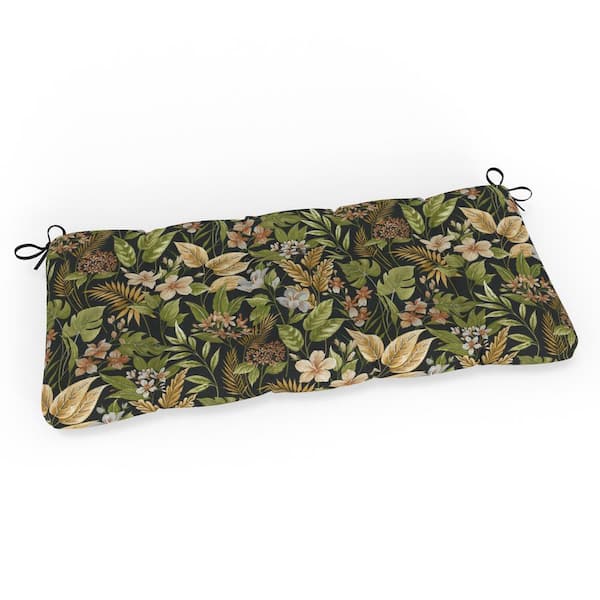 Pillow Perfect Tropic Floral 44 in W x 3 in H Rectangular Outdoor Tufted Blown Bench Cushion with Ties 1-Count in Black Carena Ebony