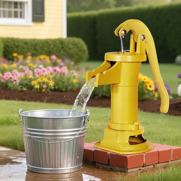 25 ft. Maximum Lift, Well Hand Pitcher Pump, Antique Cast Iron Manual Hand Water Pump, NPT 1-1/4 in. Connection, Yellow