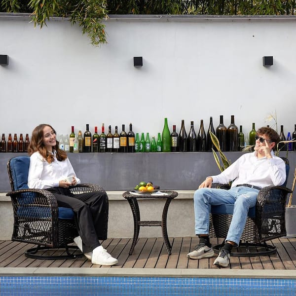 AUTMOON 3-Piece Conversation Set, Outdoor Wicker Rocker Swivel Patio Bistro Set, Rocking Chair with Glass Top Side Table, Blue