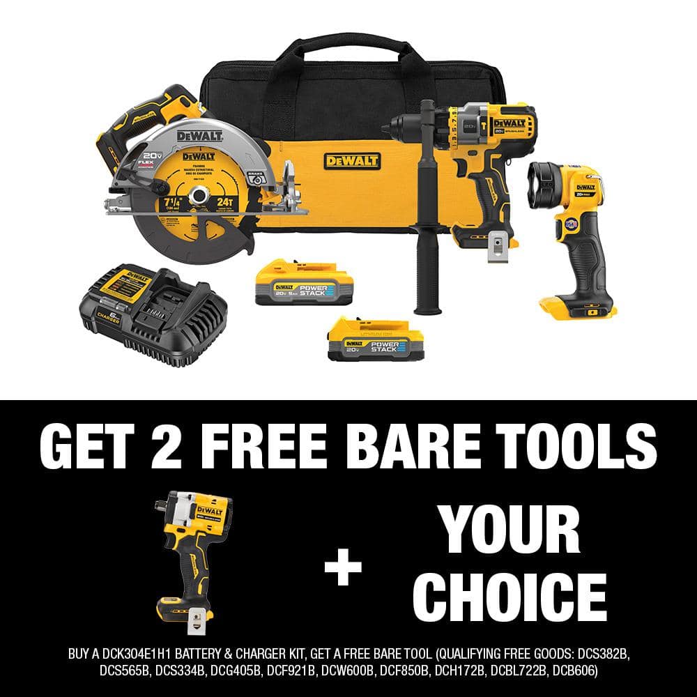 DEWALT 20V MAX Lithium-Ion Cordless 3-Tool Combo Kit and ATOMIC Brushless 1/2 in. Impact Wrench w/5Ah Battery and 1.7Ah Battery -  DCK304E1H1W921B