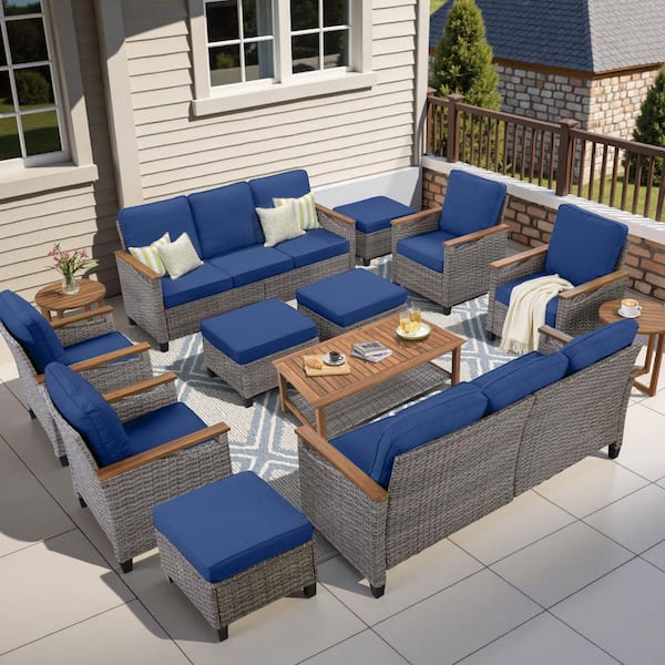 Buenaola Caladin 13-Piece Wood and Wicker Patio Conversation Set, 10-Seat Outdoor Sofa Seating Set With Blue Cushions
