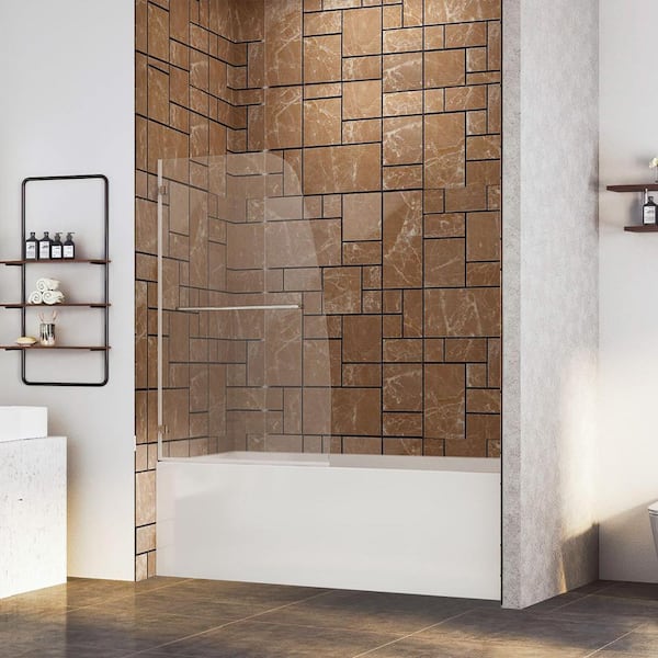 FORCLOVER 34 in. W x 58 in. H Pivot Frameless Tub Door in Chrome Finish with Clear Glass