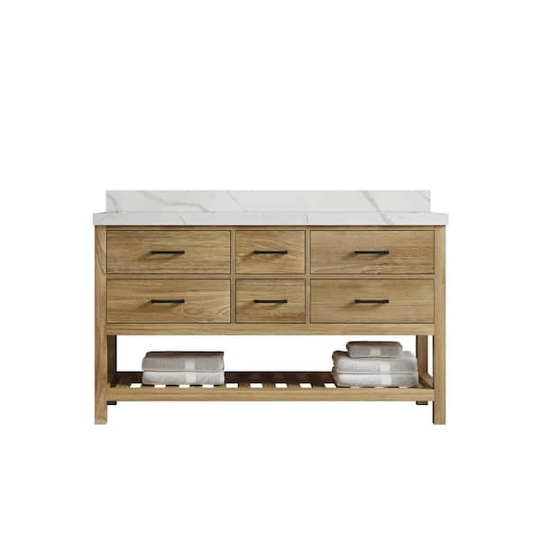 Willow Collections Parker Teak 60 in. W x 22 in. D x 36 in. H Double Sink Bath Vanity in Premium Polish with Calcutta Laza Quartz Top