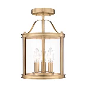 8.86 in. 3-Light Gold Modern Semi-Flush Mount with Clear Glass Shade