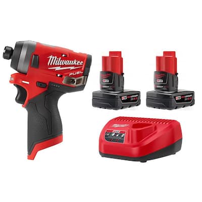M12 FUEL 12-Volt Lithium-Ion Brushless Cordless 1/4 in. Hex Impact Driver with Two M12 6.0 Ah Battery Packs and Charger