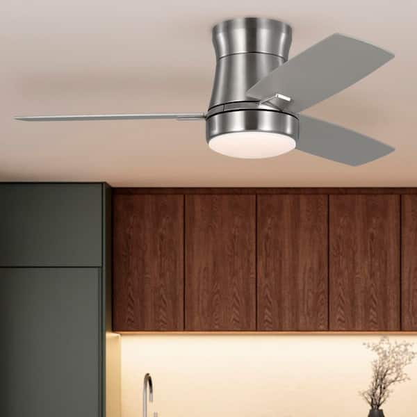 Bellport 42 in. Brushed Nickel Flush Mount Standard Ceiling Fan with White Adjustable LED Light, DC Motor, and Remote
