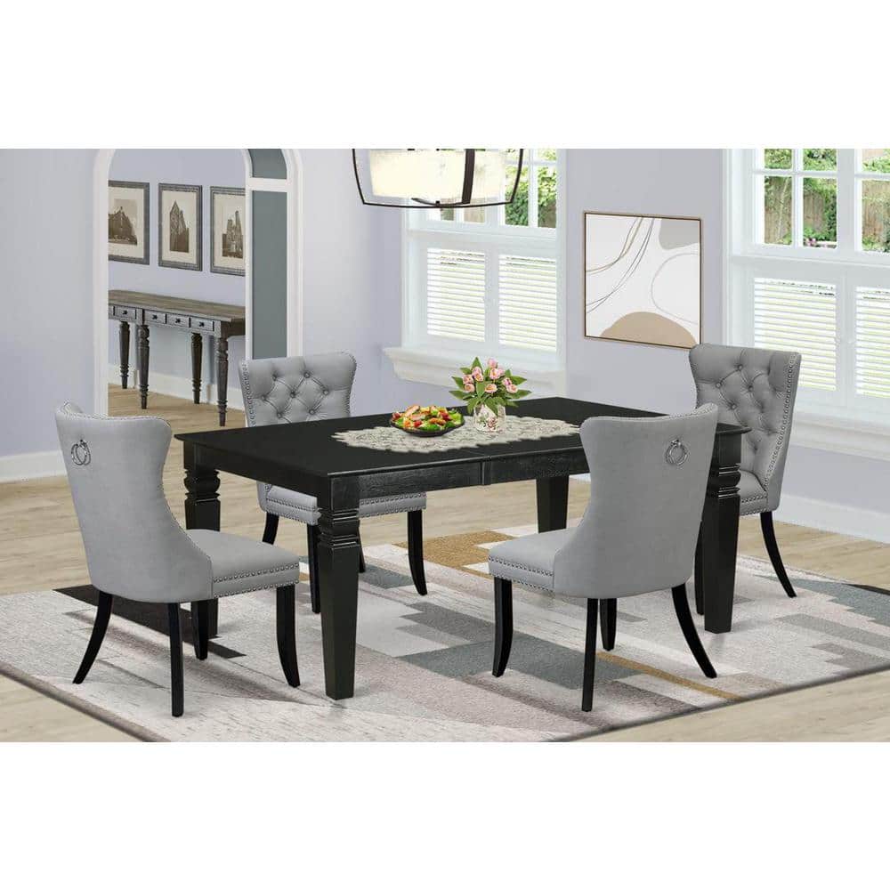 5-Piece Rectangle Black Finish Solid Wood Top Dining Table with 4 Upholstered Chairs with Butterfly Leaf Lattice Back