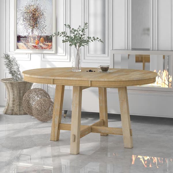Polibi Natural Wood Wash Farmhouse Round Extendable Wood Dining Table with 16 in. Leaf