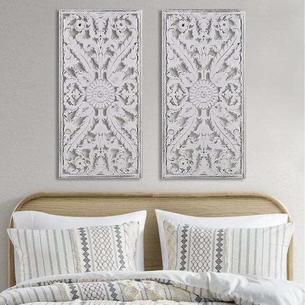 Unbranded Distressed Matte White Finish Carved Lotus Flower Pattern Dimensional Wood Wall Art Decor for Living Room (Set of 2)
