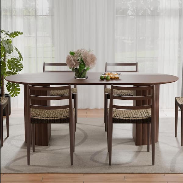 Oval Walnut Wooden Solid Wood 79 in. Double Pedestal Base Dining Table ...