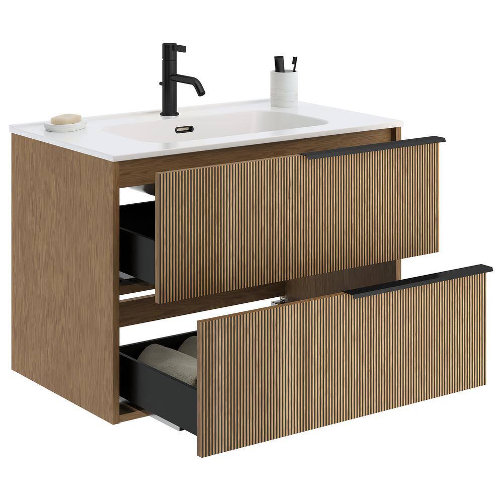 Demeter Medium Brown MDF Wall Mounted Vanity with White Ceramic Sink
