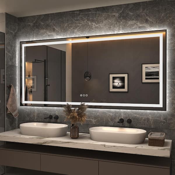 77 in. W x 36 in. H Rectangular Framed Front and Back LED Lighted Anti-Fog Wall Bathroom Vanity Mirror in Tempered Glass