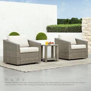 Cyril 3 Pieces Grey Fabric Wicker Swivel Chairs and Side Table Set with Beige Cushions for Outdoor & Indoor Use
