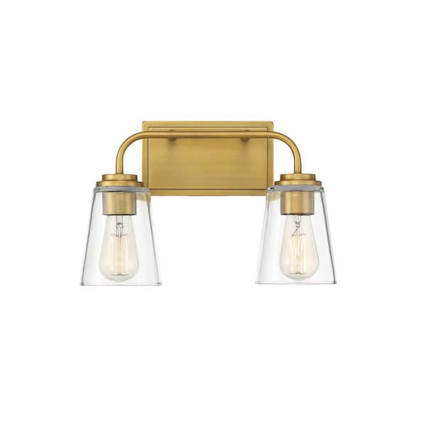 Savoy House 15 in. W x 9.75 in. H 2-Light Natural Brass Bathroom Vanity Light with Clear Glass Shades