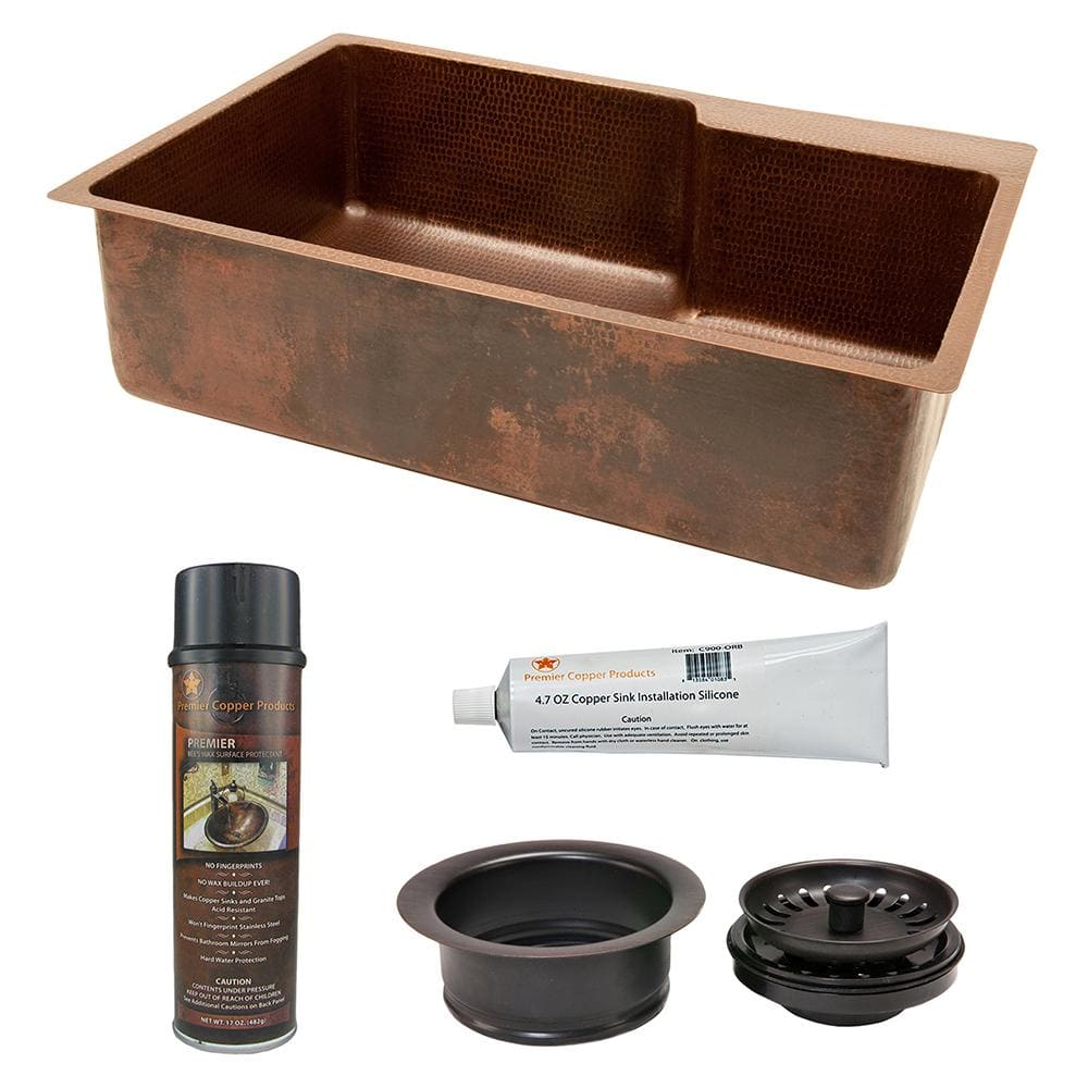 33" Hammered Copper Drop-In Kitchen Sink with Accessories