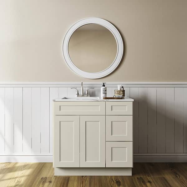 HOMEIBRO 36 in. W x 21 in. D x 34.5 in. H Antique White Plywood Ready to Assemble Vanity Base Kitchen Cabinet without Top