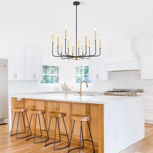 12-Light Black and Gold Modern Height Adjustable Candlestick Chandelier for Kitchen Island with No Bulbs Included Home