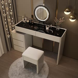 White Makeup Vanity Sets Wood Dressing Desk With 5-Drawers, See-Through Glass Top, Round LED Dimmable Mirror and Stool