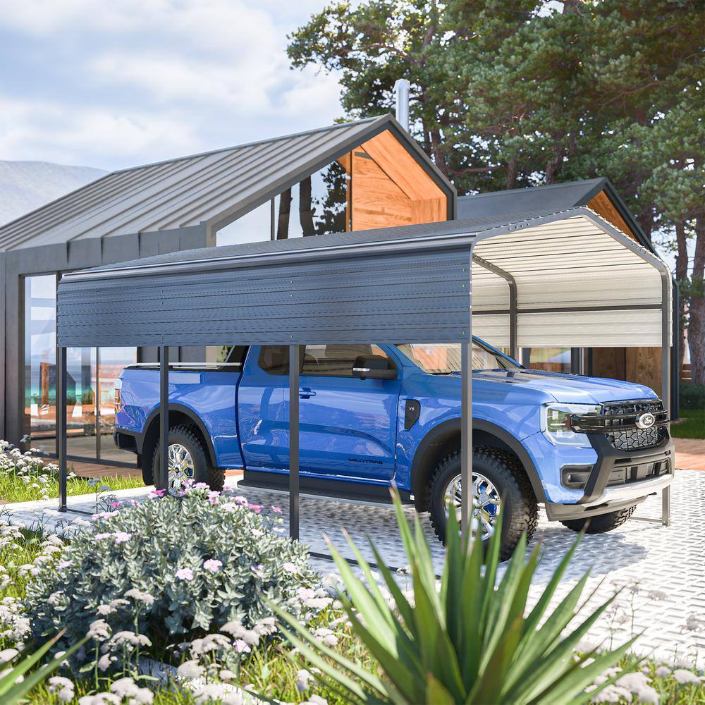 10 Ft. W x 15 Ft. D Gray Metal Carport with Peak Roof