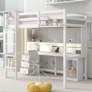 White Twin Size Wood Loft Bed with Built-in Desk, Shelves, Bedside Tray, LED lights and USB Charging Station