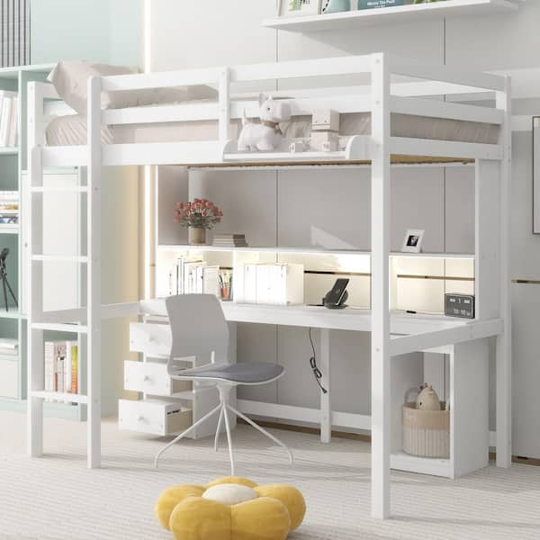 Harper & Bright Designs White Twin Size Wood Loft Bed with Built-in Desk, Shelves, Bedside Tray, LED lights and USB Charging Station