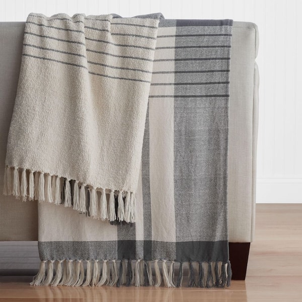 Company Cotton Boucle Plaid Charcoal Gray Throw Blanket