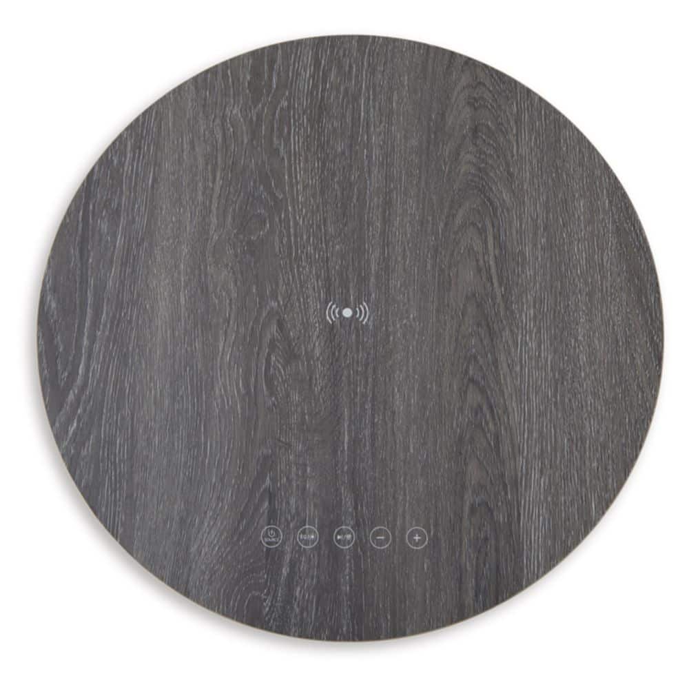 Gray and Black Round Wood and Metal Accent Table with Built-in Speakers