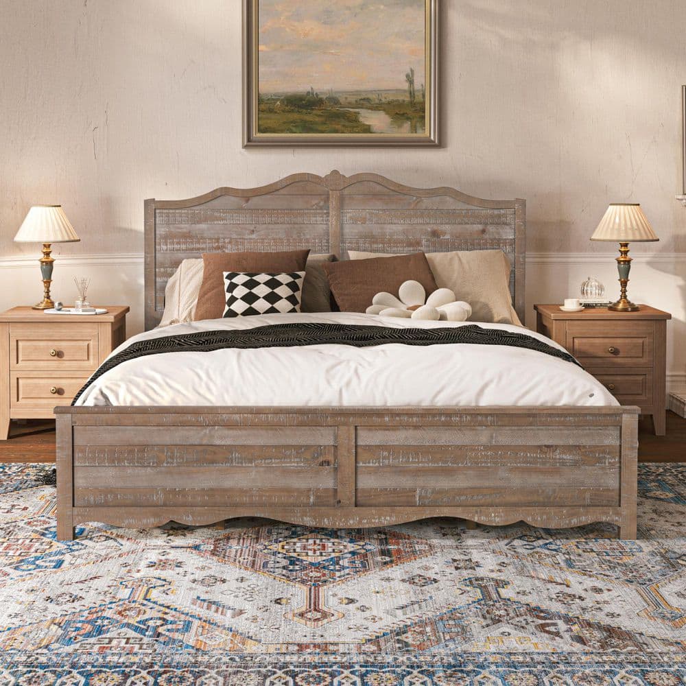 Classic Farmhouse Light Wood Brown Solid Wood Bed Frame King Platform Bed with Wavy Curved Headboard and Footboard price history on PriceWatchPro