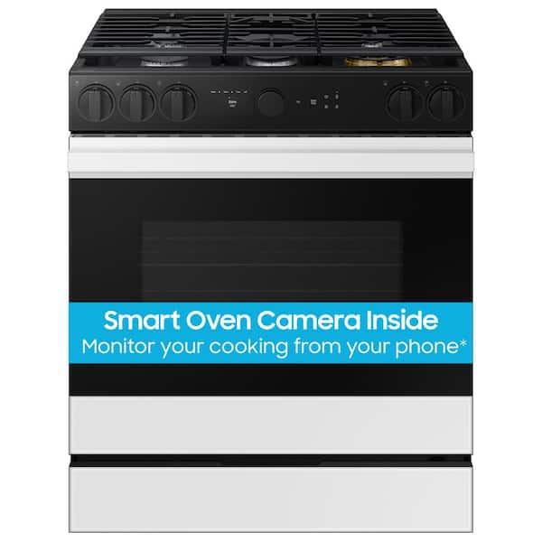 Samsung Bespoke 30 in. 6.0 cu. ft. 5 Burner Smart Slide-In Gas Range with Smart Oven Camera & Air Fry + Sous Vide in White Glass