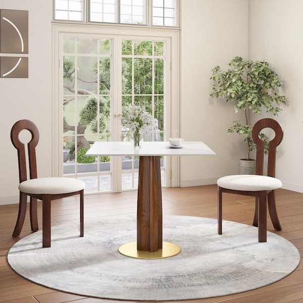 33 in. Modern Square White Sintered Stone Tabletop with Solid Wood Pedestal Base Dining Table (Seat 2)