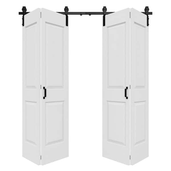 ARK DESIGN 72 in. x 84 in. Paneled 4-Lite White Primed Hollow Core MDF Composite Bi-fold Door with Bifold Barn Door Hardware