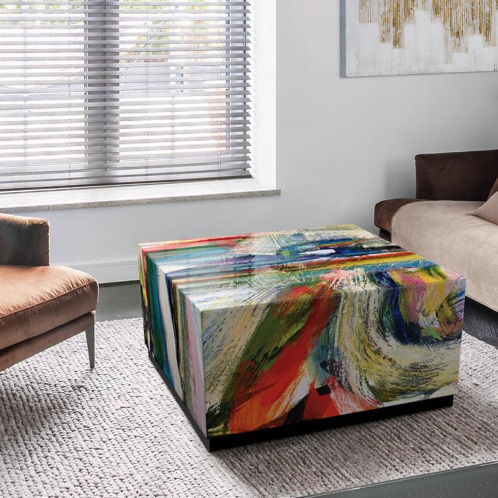 Abstract Multicolor Glass and Wood Cocktail Table