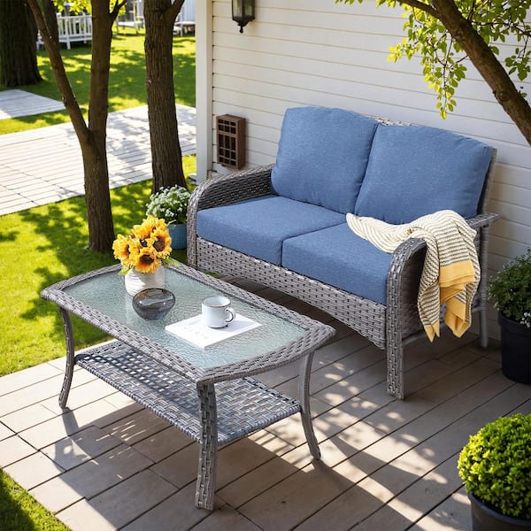 Hyacinth Gray 2-Piece Wicker Patio Outdoor Conversation Loveseat Set with a Coffee Table and Denim Blue Cushions