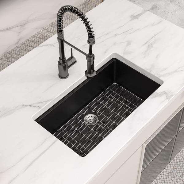 30 in. Undermount Sink Single Bowl Black Granite/Quartz Composite Workstation Kitchen Sink with Bottom Grid