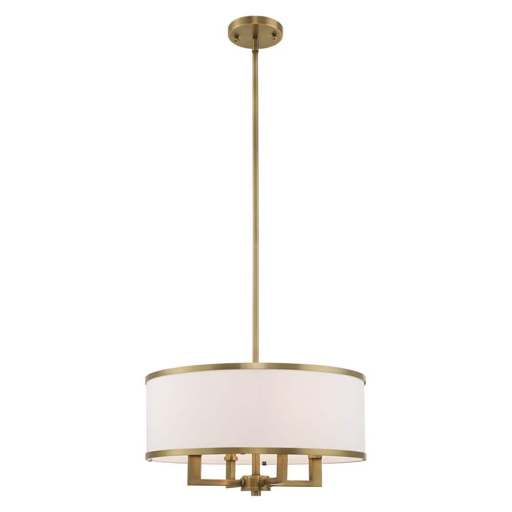 Mini Drum 4-Light Chandelier in Antique Brass with Off-White Shade