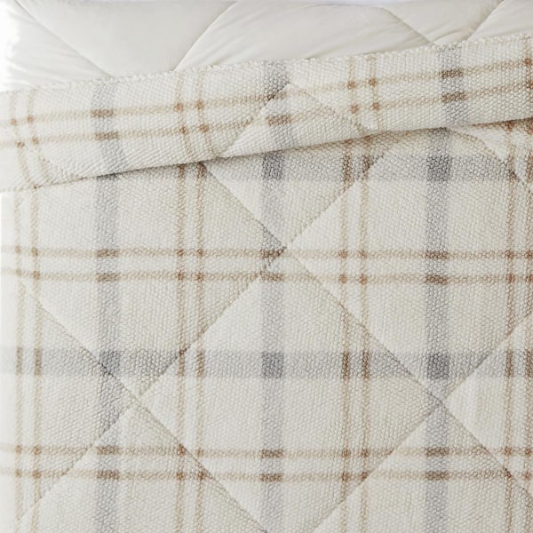 London Fog Popcorn Plaid Plush 50 in. x 60 in. Grey Neutral Throw